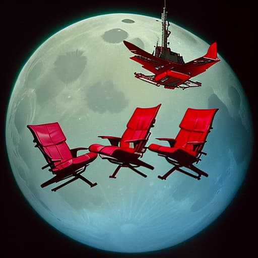  3 red chairs in zero gravity hover on the moon, the background depicts the planet earth