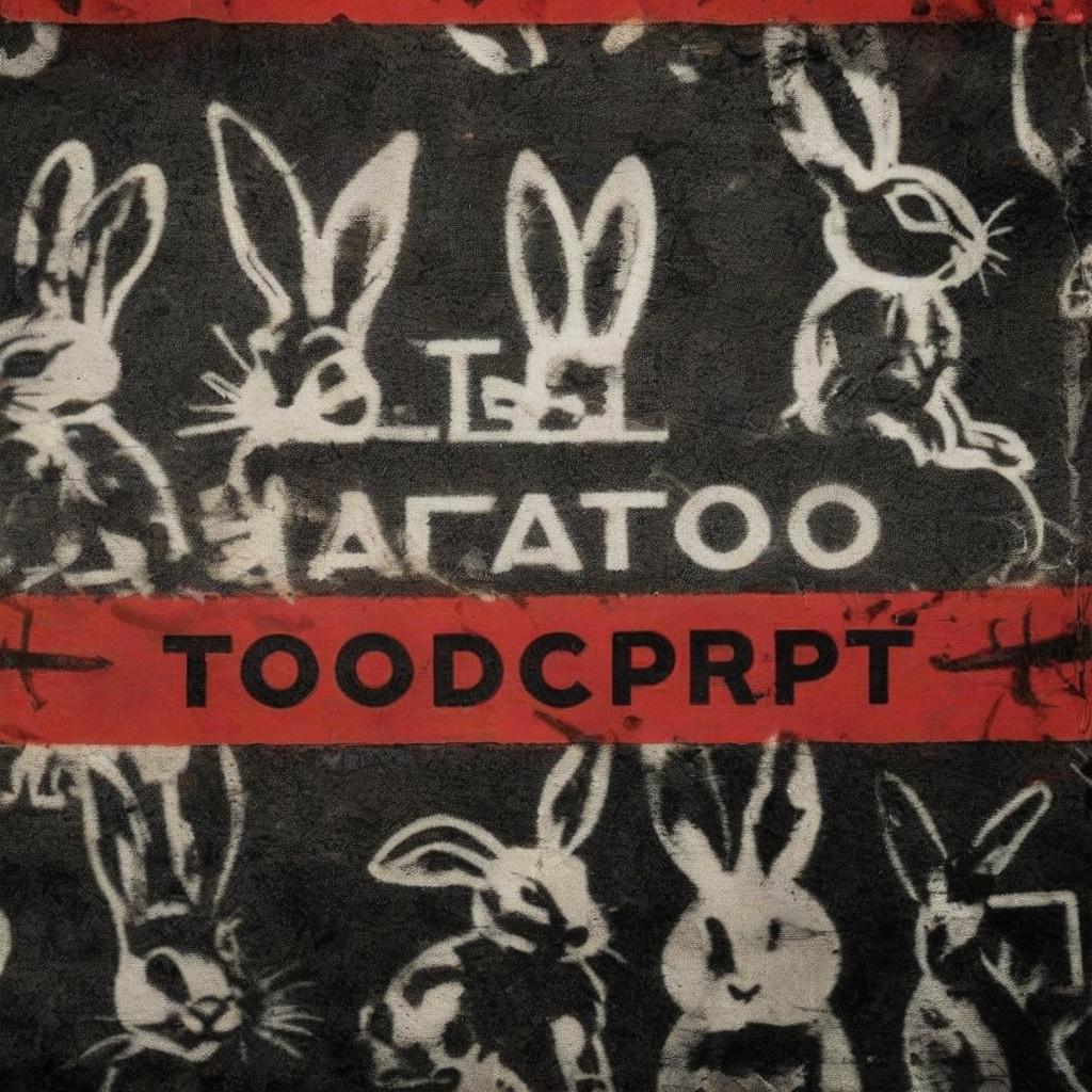  analog film photo patterned red black carpet cover rabbits with the inscription tattoo . faded film, desaturated, 35mm photo, grainy, vignette, vintage, kodachrome, lomography, stained, highly detailed, found footage