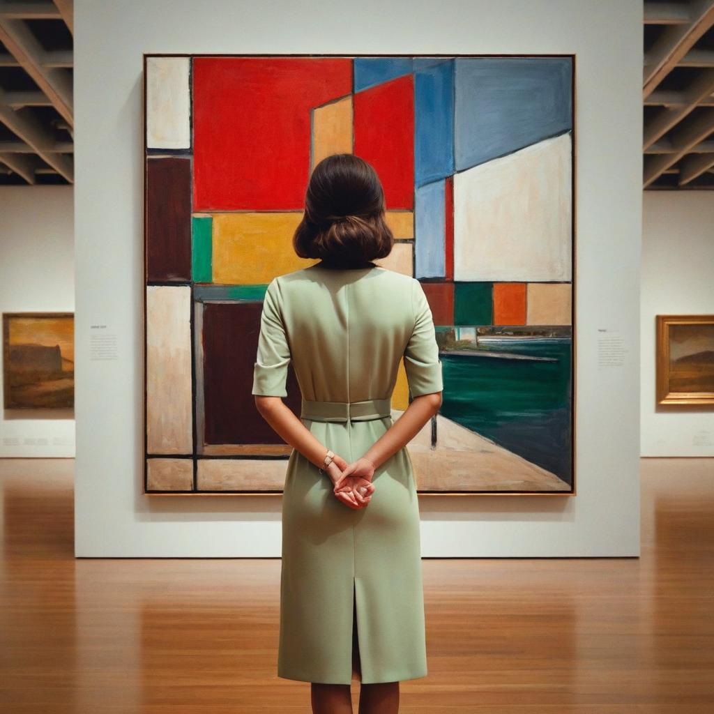  a woman looking at a painting in a museum while placing her hands behind her back. she is in a museum room with grey walls. she is looking at a landscape painting. her hair is brown and she is wearing a green dress