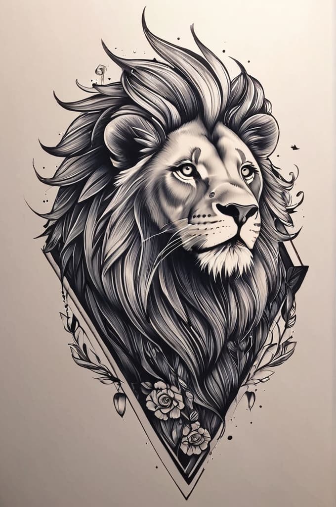  hungry lion on shoulder, (tattoo sketch:1.25), drawing