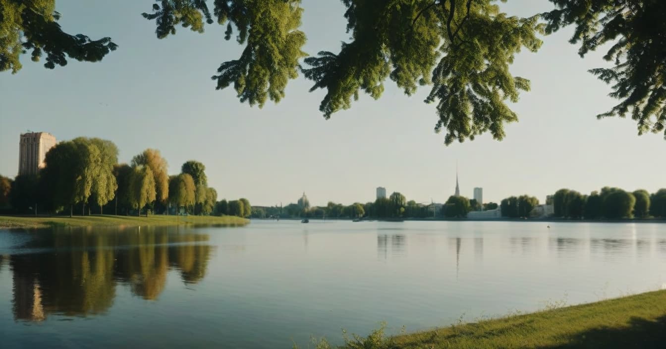  cinematic photo realistic landscape, metropolis in the distance, left linden tree and right linden tree, sunny summer day, wide angle camera, park, lake reflects trees, cinematic, bottom up view . 35mm photograph, film, bokeh, professional, 4k, highly detailed