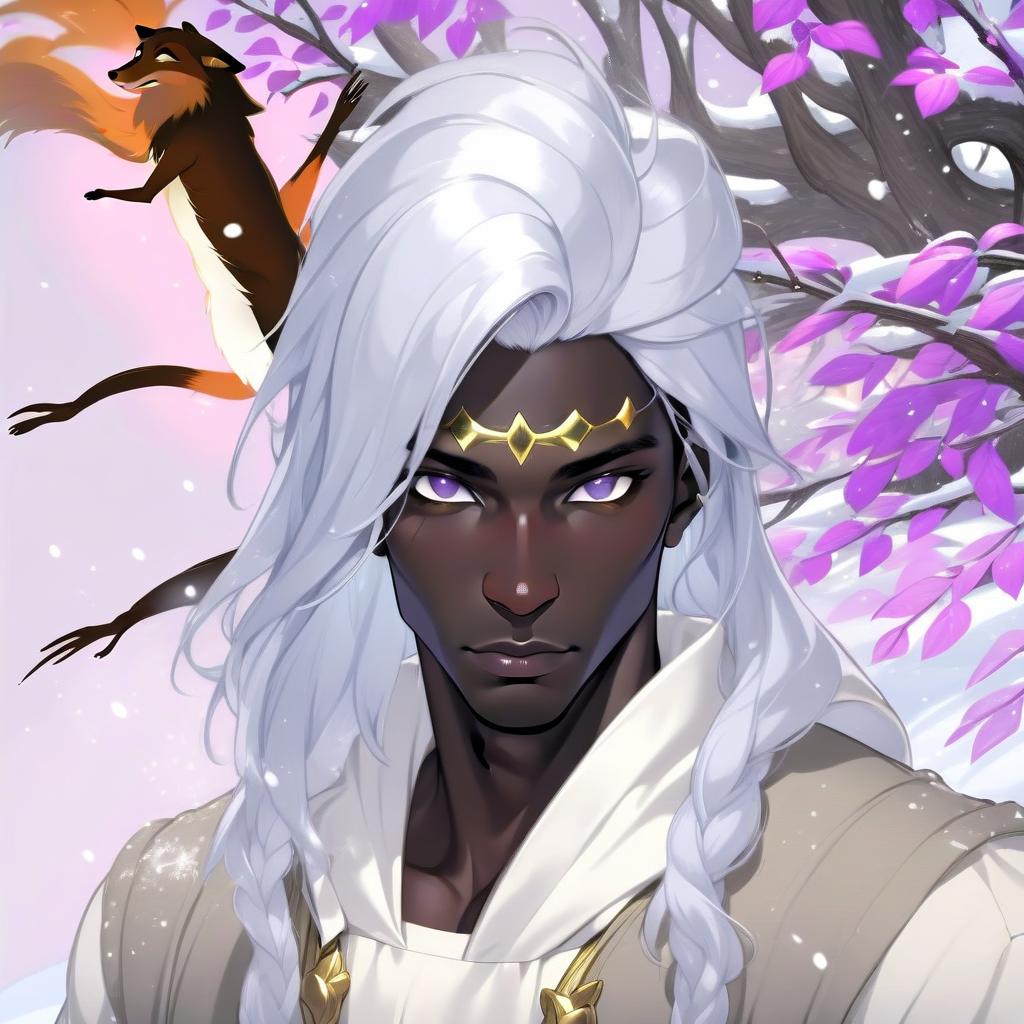  the face of a man of 30 years, black skin, snow white eyes, clear cheekbones, correct shape of the lips, fox eyes, snow white shoulder long hair, body slim and slightly muscular