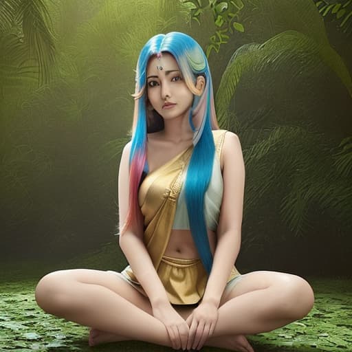  a 28age indian lady her hair rainbow color and she sitting in the circle it was covered by green leaves and her show sex positions