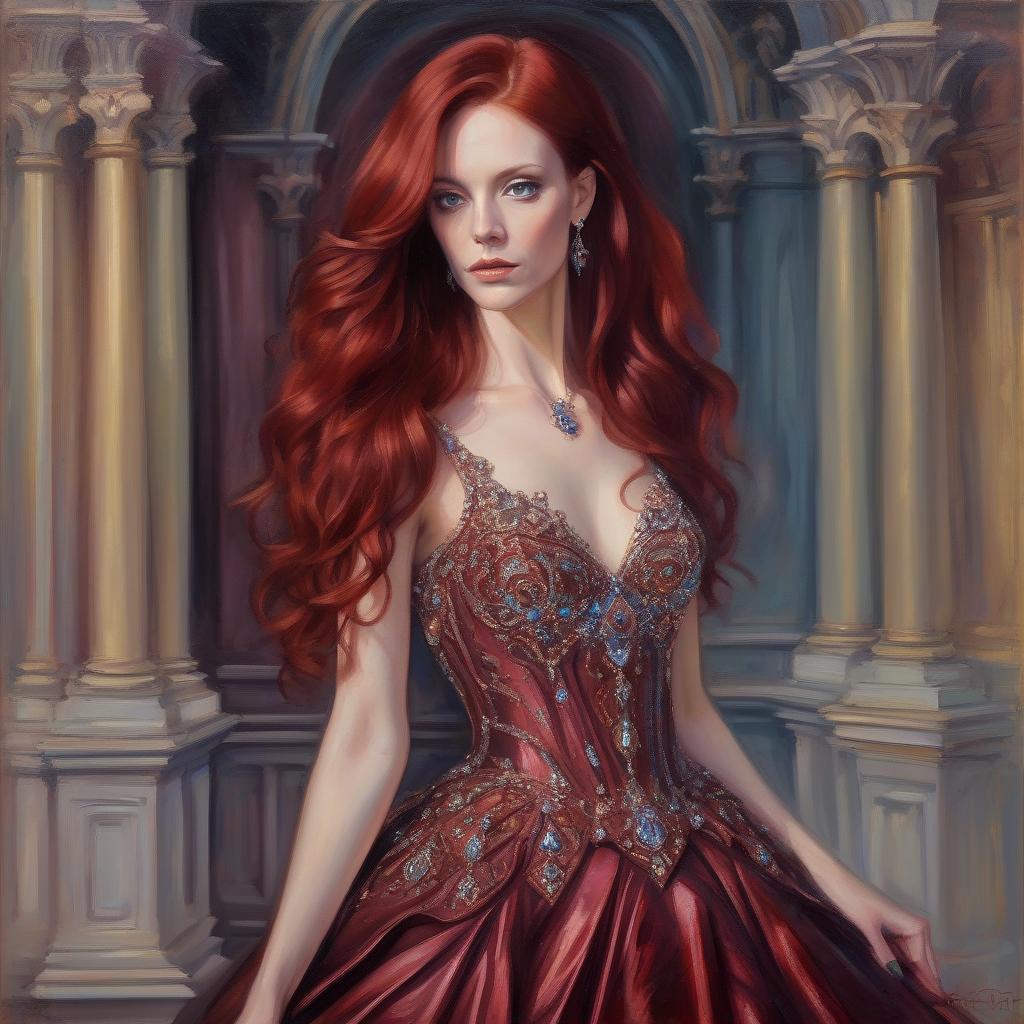  dark red haired woman, bejeweled ornate iridescent gown, elegant gothic style palace, oil painting, impressionist style