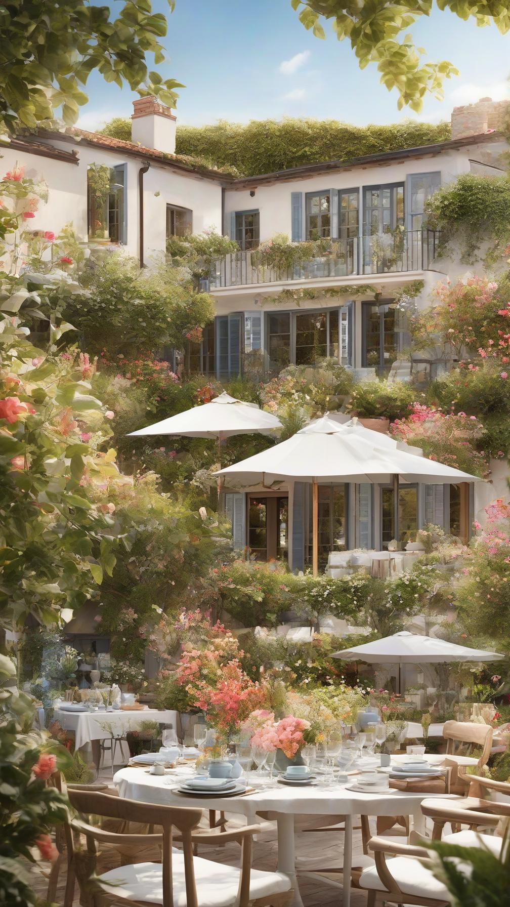  the image is a vivid, colorful depiction of a large house with a beach view. the house has a blue roof and is surrounded by greenery, with a garden of pink flowers and an array of different plants. the front of the house showcases various potted plants, while the patio and deck are adorned with more flowers and plants. the scene is further enhanced with a dining table and chairs placed outside, creating a welcoming atmosphere for outdoor dining. the table is accompanied by multiple vases, and there are several cups, bowls, and wine glasses scattered throughout the scene. overall, the setting exudes a serene, lively, and picturesque atmosphere.