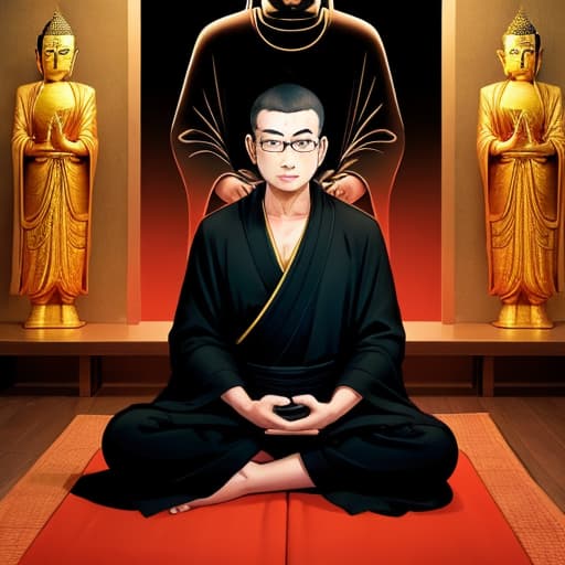  Buddhist monk with thick eyebrows wearing a black robe and glasses sitting in front of a Buddha statue chanting sutras, smooth head Retro