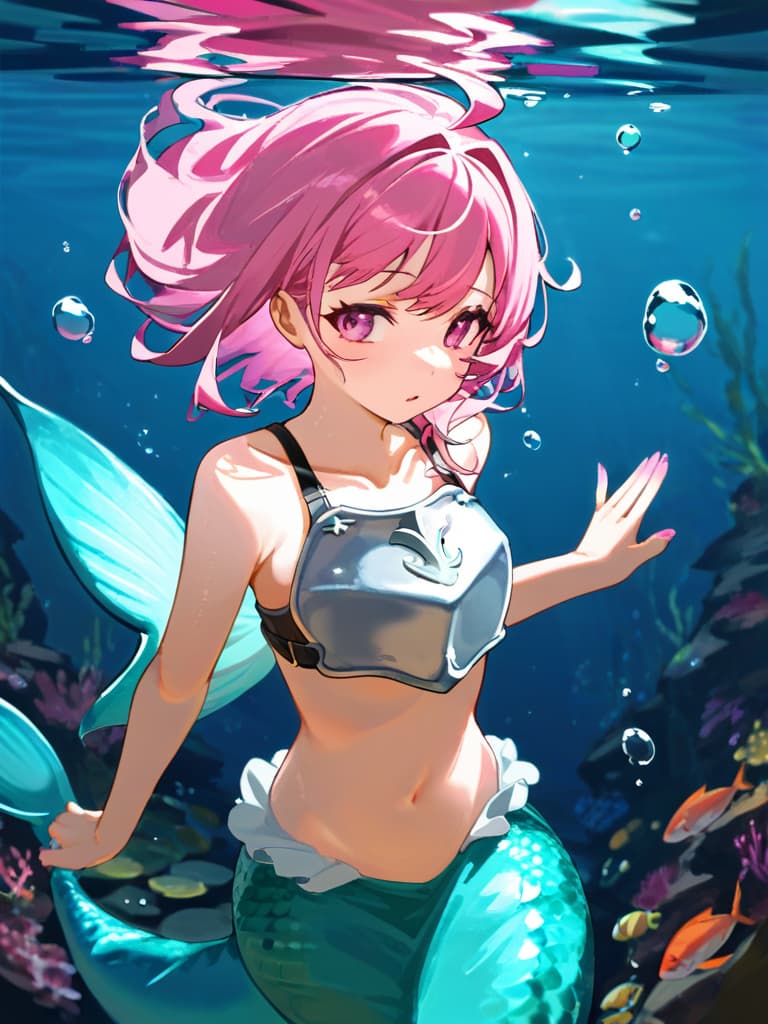  masterpiece(underwater:2.0)(underwater with light:1.7)(🫧🫧bubbles:1.5)(one person)(mermaid:2.0)(beautiful girl human:2.0)(nice body)(salmon pink hair color:1.7)(shell breastplate:2.0)(pink and greensparkling,shapely long fins:1.7) high quality,16k,super analysis