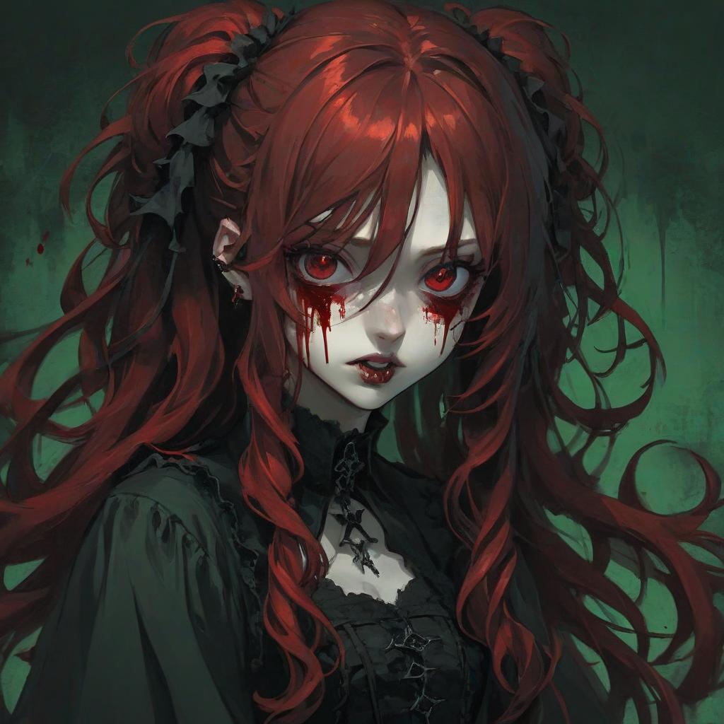  gothic, black, dark green background, girl, red hair, curly hair, long hair, blood on the face, evil