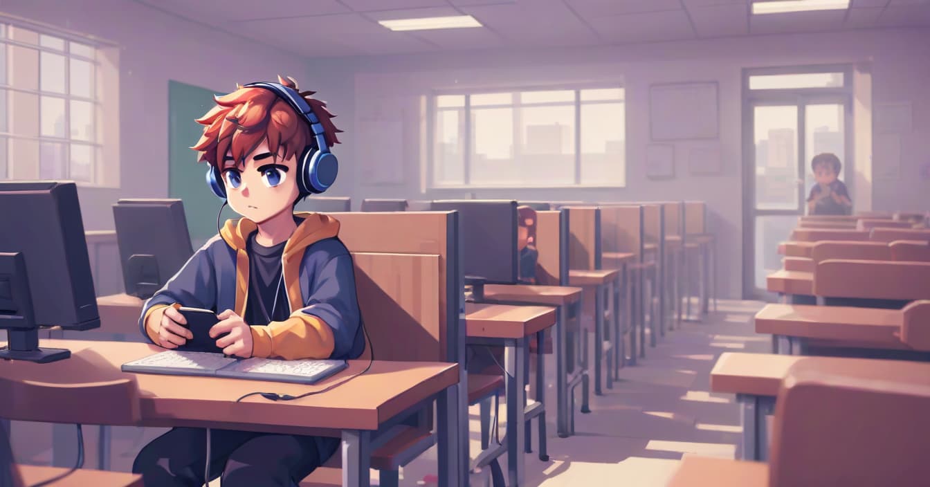  pixel art anime boy with headphones and he sits at school . low res, blocky, pixel art style, 8 bit graphics