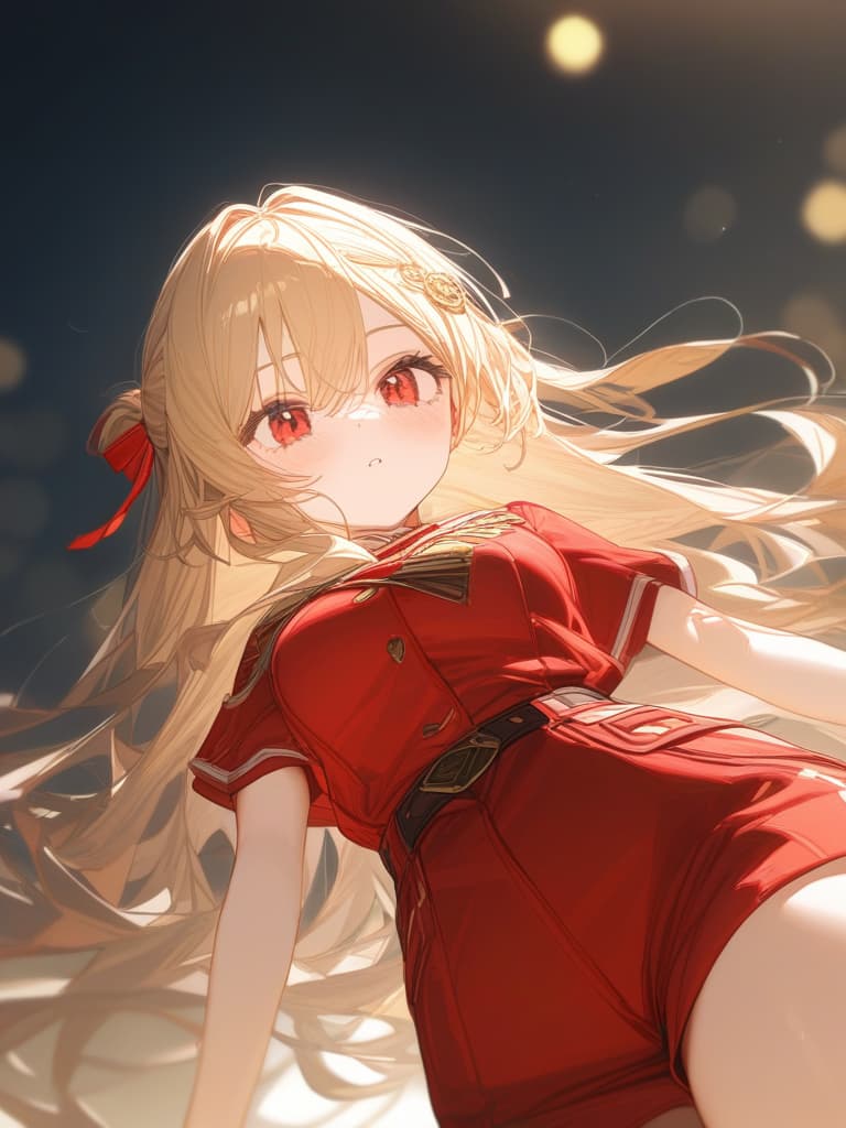  red ribbon hair accessories, red uniforms, red eyes, cute, blonde shorts, masterpiece, best quality,8k,ultra detailed,high resolution,an extremely delicate and beautiful,hyper detail