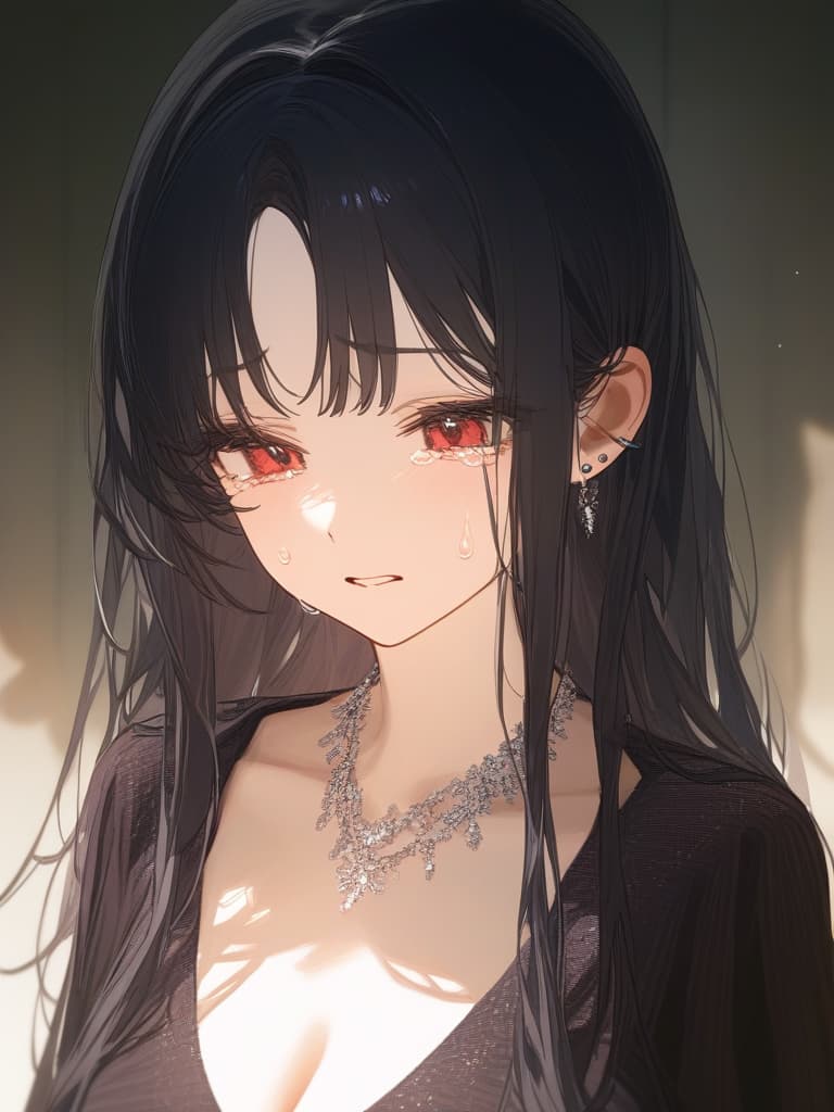  long hair, black hair, hair tips are pink, red eyes, hanging, bangs, and length of bangs, adults, adult faces, piercings, necklaces, thin makeup, thin pink, black, tears, crying. i'm crying as much as i can, masterpiece, best quality,8k,ultra detailed,high resolution,an extremely delicate and beautiful,hyper detail