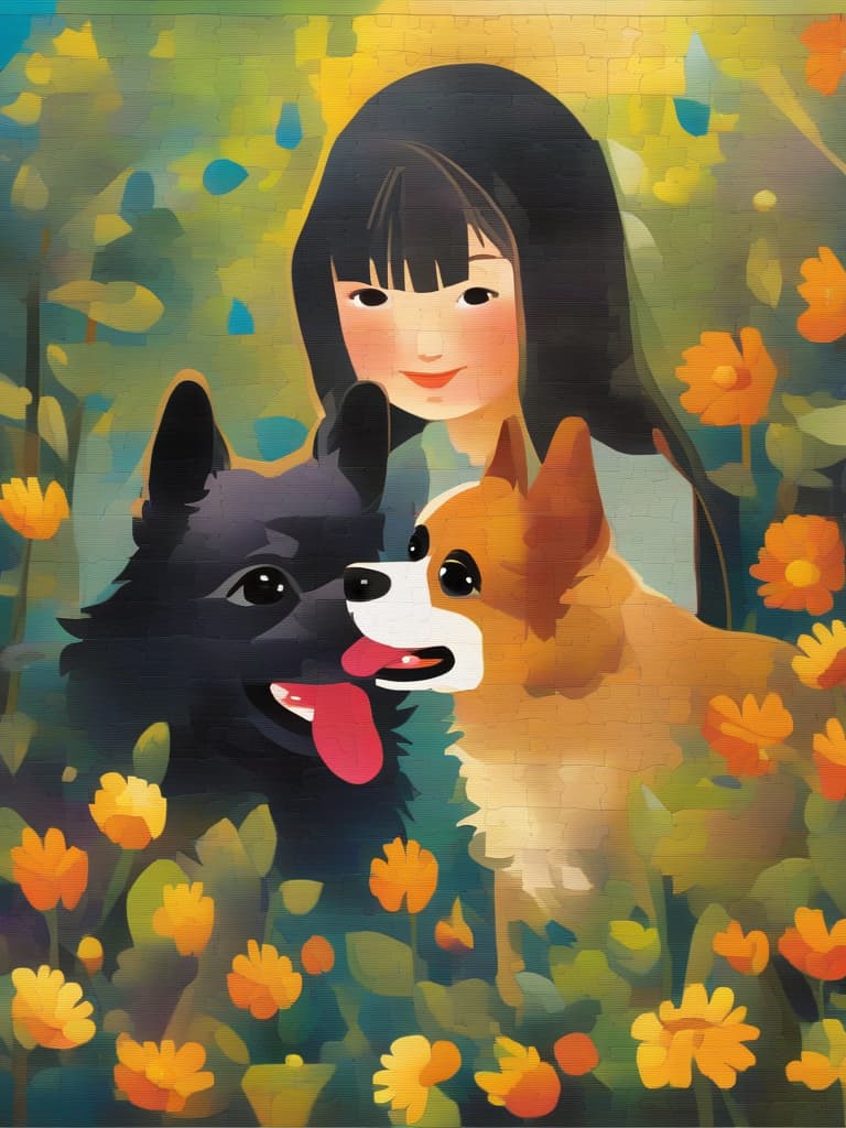  (jigsaw puzzle style screen,painting style)(each piece is separated by black) master piece (1 cute dog pomeranian)(jigsaw puzzle style composition)(without 1 piece) super analysis,high quality,8k