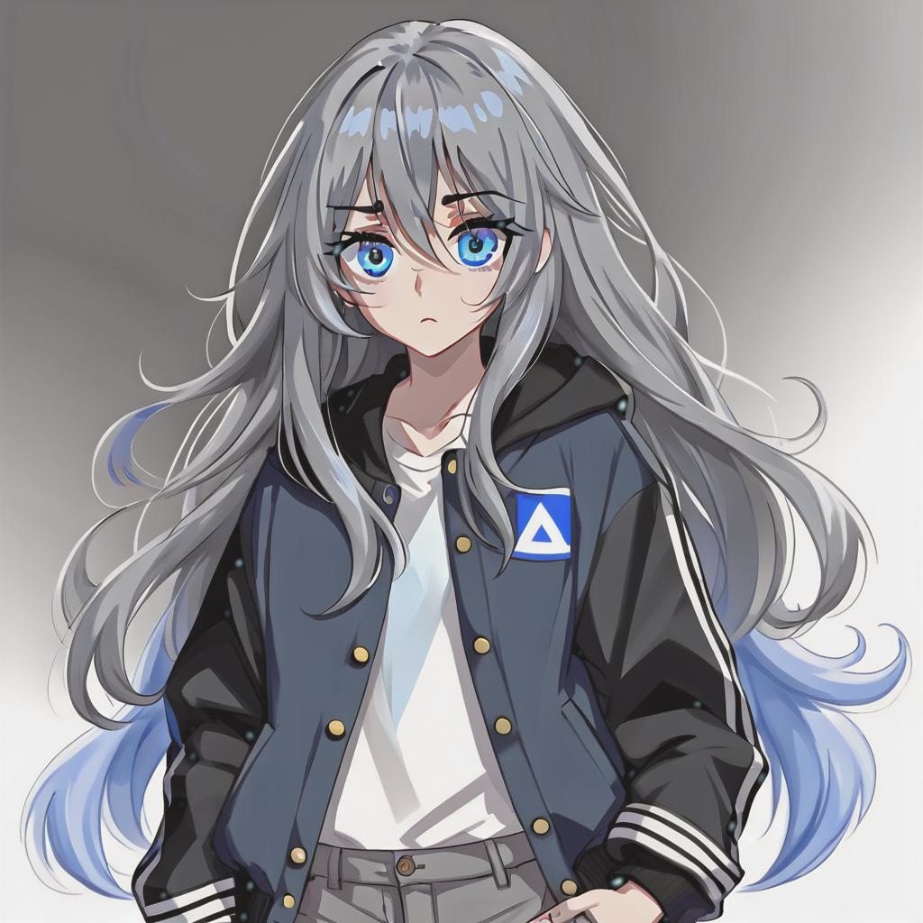  a girl with blue eyes and very long gray hair. her bangs are stacked on both sides, except for the long part in the middle. in everyday clothes she wears an oversize jacket, blue, in a white strip, the jacket is partially unbuttoned. under her she puts on a black shirt and short blue shorts. the expressions of the girl’s face are insignificant, but noticeable. her face is calm with almost no emotions.