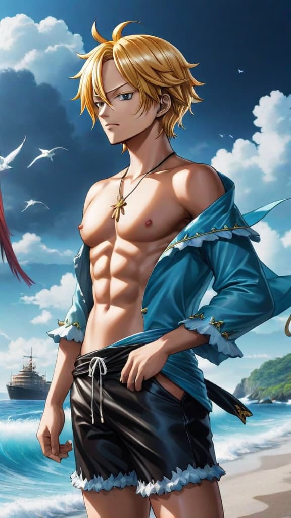  anime art, one piece, mythical ocean with diverse fish, pirates whispering, sanji's dream of all blue hyperrealistic, full body, detailed clothing, highly detailed, cinematic lighting, stunningly beautiful, intricate, sharp focus, f/1. 8, 85mm, (centered image composition), (professionally color graded), ((bright soft diffused light)), volumetric fog, trending on instagram, trending on tumblr, HDR 4K, 8K