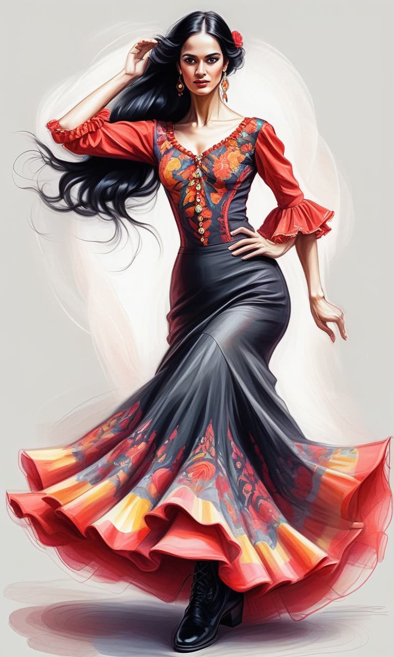  ethereal fantasy concept art of sketching with short strokes, with multicolor pencil, spanish dancer in spanish dress dancing flamenco, full length, in boots, long dress, beautiful eyes, slight smile, fine lines, elegant, on the white background. contours. long loose black hair. . magnificent, celestial, ethereal, painterly, epic, majestic, magical, fantasy art, cover art, dreamy