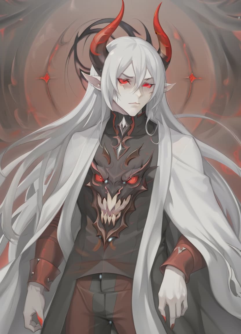  man demon, white skin, red eyes, black hair, white horns, black clothes