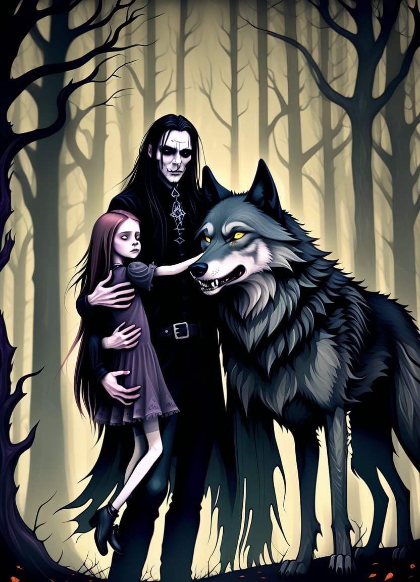  macabre style make him a witch, he hugs his daughter, he's got a familial wolf, behind him is a forest. . dark, gothic, grim, haunting, highly detailed