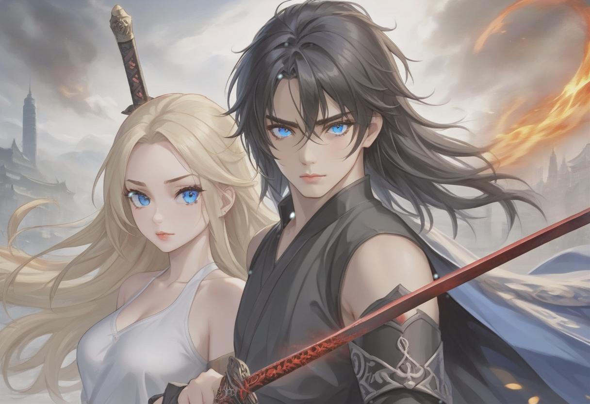  breathtaking realistic photo, two people, a character from the novel “system save yourself for the main hero”, lo binghe, a young man in black with an unassuming long sword behind his back. long black hair to the waist, red eyes, demonic mark on the forehead, next to him a girl is blonde, blonde hair to the shoulder blades, european face type, light skin, blue eyes, plump lips, small tummy at the bottom at the waist all the way up . award winning, professional, highly detailed, hkmagic