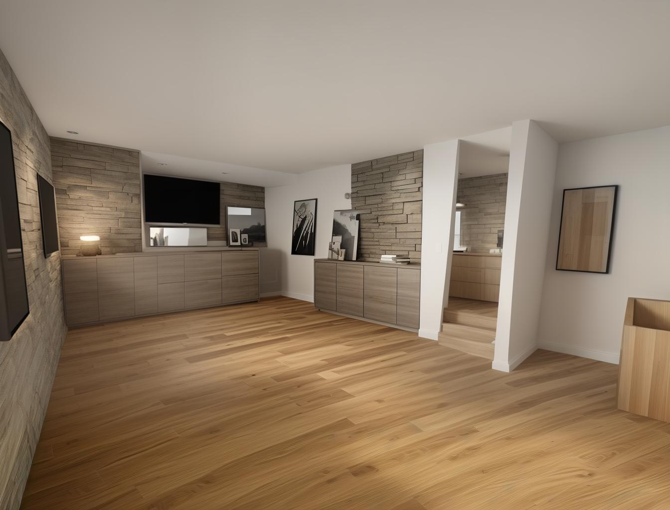  generate a photorealistic rendering of a modern living room with a combination of wooden floors and a stone accent wall. include sleek, contemporary furniture to contrast with the natural materials, creating a sophisticated yet comfortable atmosphere.