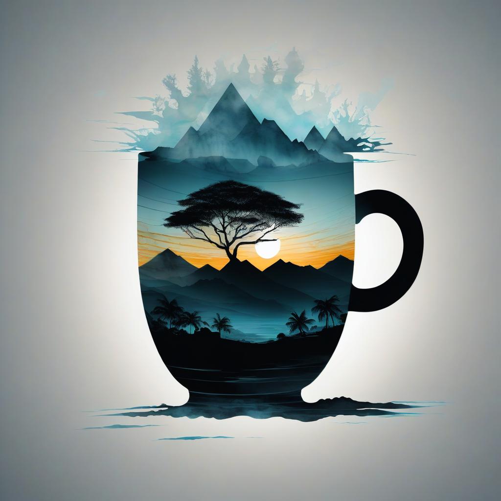  (digital image) with (double exposure:1.5). a cup of coffee. executed in watercolour technique. the outline of the cup dissolves into the black background. multilayered painting. image of egyptian landscape inside cup. surrealism, fantasy.