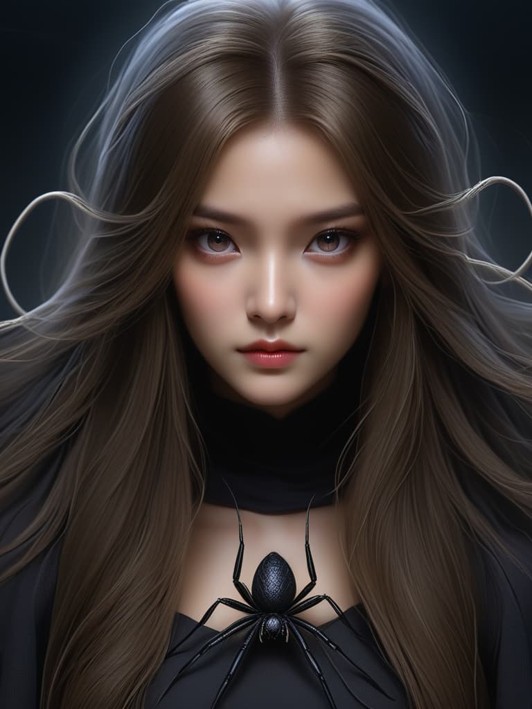  spider demon, 1 female, human spider hybrid face, solo, female focus, long flowing hair, silk like dress, portrait, multiple eyes, looking at viewer, realistic, closed mouth, close up, spider legs visible, dark background, ethereal glow