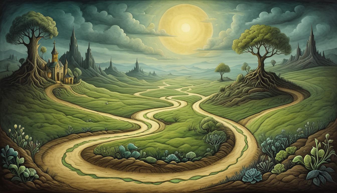  on parchment, surrealism+++, fertile ground with sprouting paths, illuminated, diverging from a darkened, barren road, imagery of new beginnings, determination, radiant, hopeful(mysterious, provocative, symbolic,muted color)+++