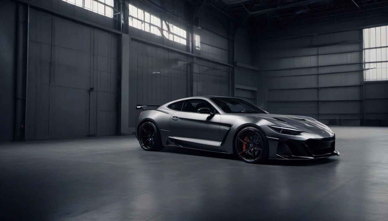  sports car stands against the background of a black hangar. black and gray style.