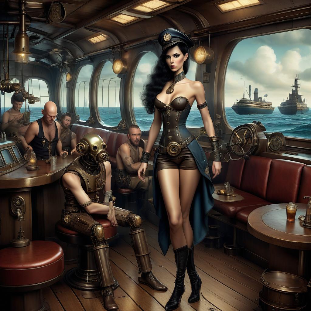  nautical themed a group of smugglers, a potty man, 40 year, small, bald, black. a young , 20 year, medium sized s, graceful thin waist, long slender legs, black hair, droid, minotaur. full length image, steampunk, dieselpunk, paropunk, stand in a futuristic tavern. . sea, ocean, ships, maritime, beach, marine life, highly detailed