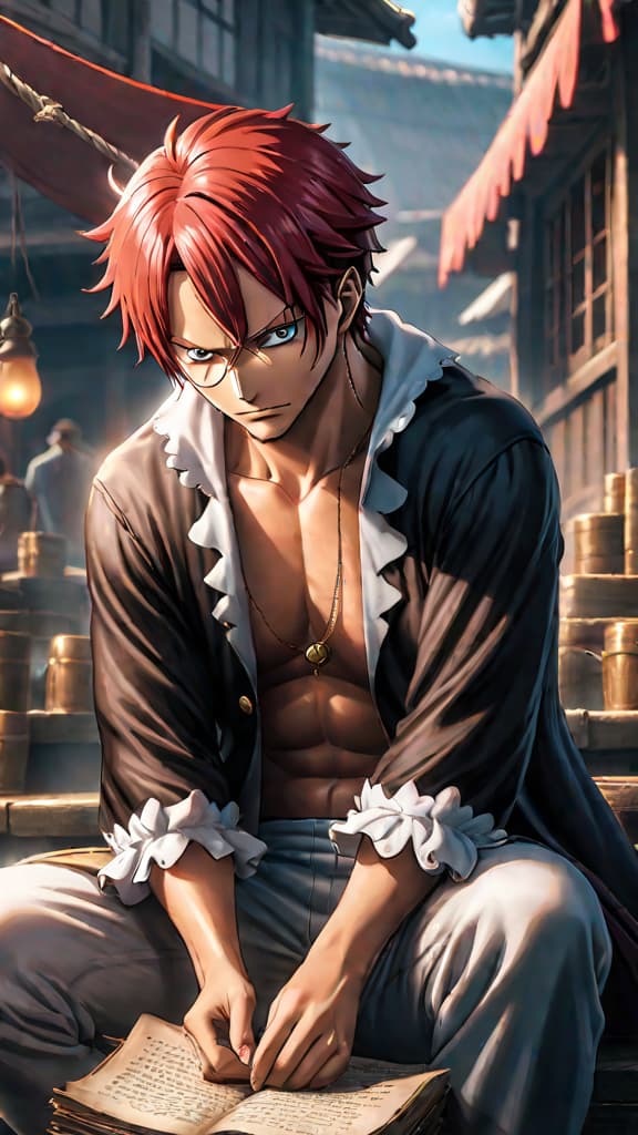  anime art: shanks from one piece contemplates the secret to finding the one piece. hyperrealistic, full body, detailed clothing, highly detailed, cinematic lighting, stunningly beautiful, intricate, sharp focus, f/1. 8, 85mm, (centered image composition), (professionally color graded), ((bright soft diffused light)), volumetric fog, trending on instagram, trending on tumblr, HDR 4K, 8K