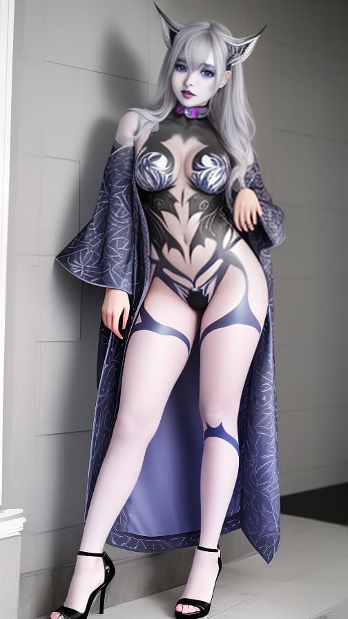  silver and blue bat pattern body paint in every corner of the body, Grey body paint all over the body, grey face paint on the face, Two dark elfs, full body image 女性