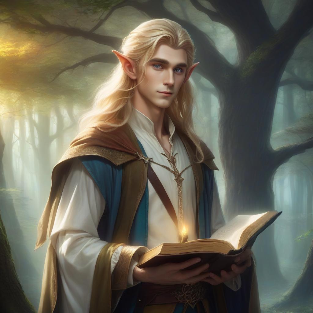  blonde man elf holding a book in a forest, hkmagic