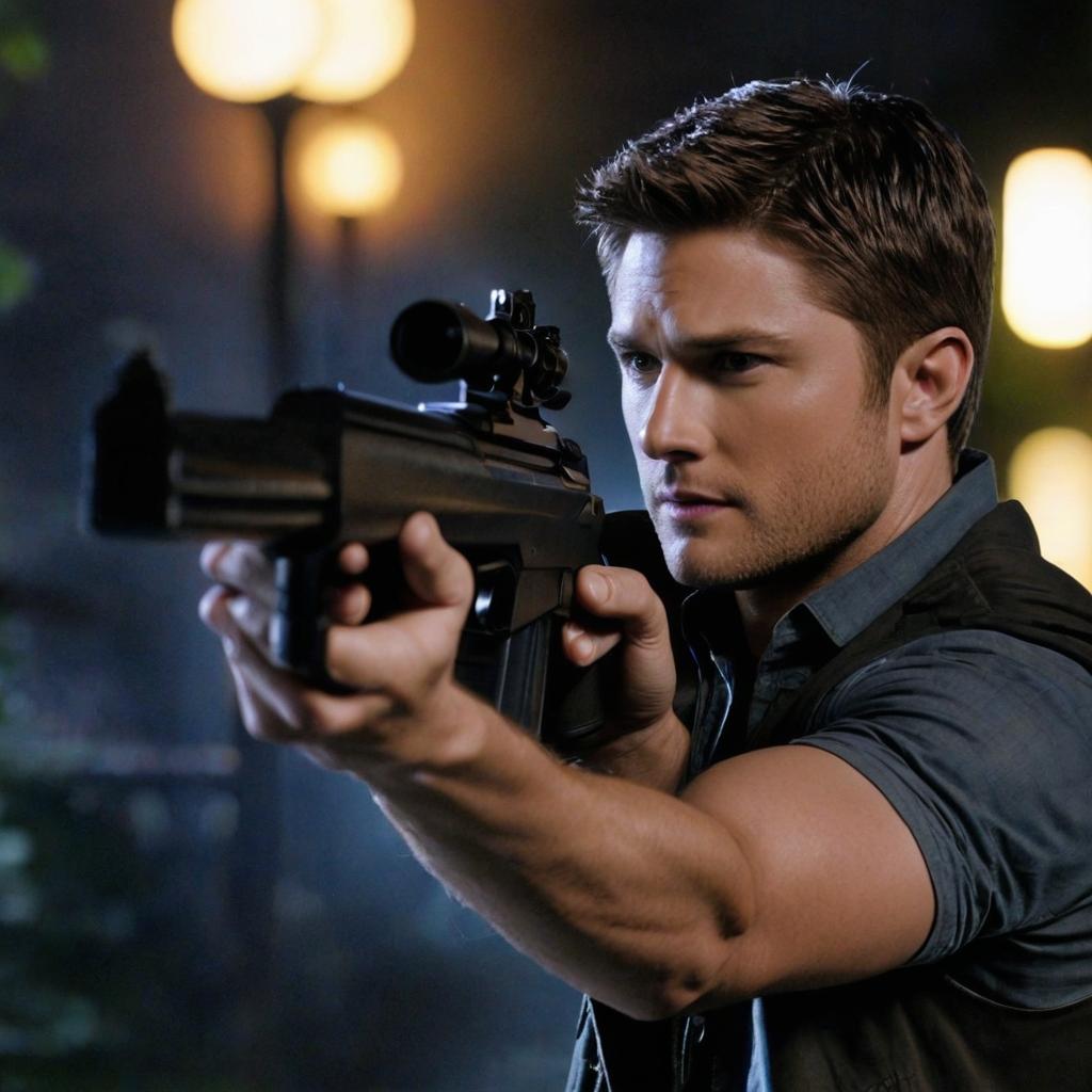  dean winchester, at night, holding a gun, trying to shoot a monster