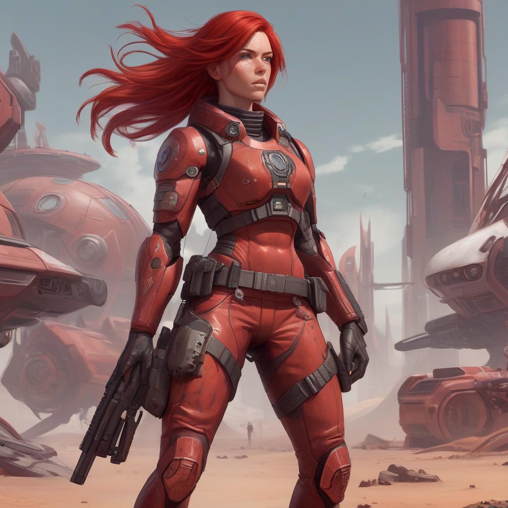  draw a full length female character, athletic build, red hair, the character lives on a distant colonized planet, specialization mercenary