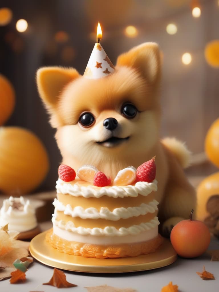  masterpiece,animal pictures,one very cute dog: breed pomeranian,birthday cake cake,🍎🍏,🍇,🍁,high quality,16k