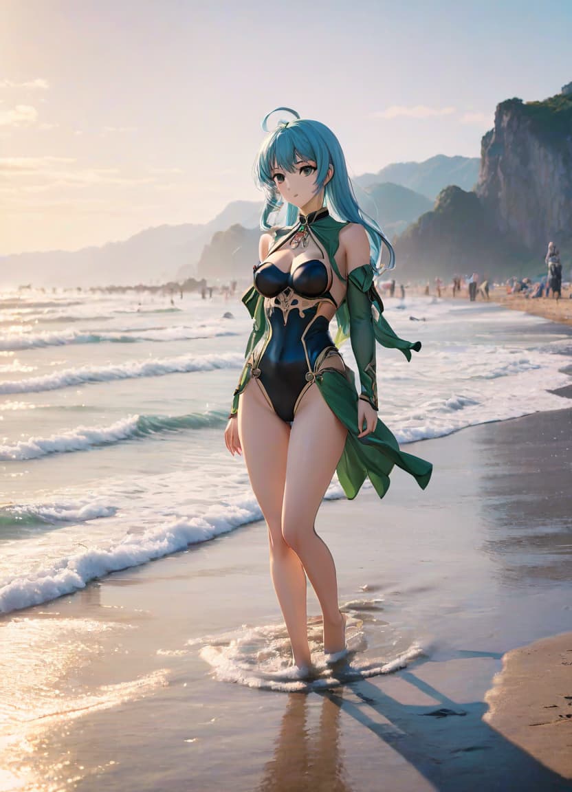  anime artwork on beach . anime style, key visual, vint, studio anime, highly detailed, film photography style hyperrealistic, full body, detailed clothing, highly detailed, cinematic lighting, stunningly beautiful, intricate, sharp focus, f/1. 8, 85mm, (centered image composition), (professionally color graded), ((bright soft diffused light)), volumetric fog, trending on instagram, trending on tumblr, HDR 4K, 8K