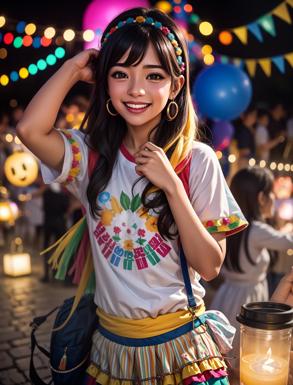  un joven (hombre)sonriente con una camisa de manga larga lisa, disfrutando de una animada fiesta al aire libre. la iluminación es nítida y brillante, resaltando su expresión alegre. en el fondo, se pueden ver a otras personas divirtiéndose, riendo y socializando, rodeados de decoraciones festivas y luces suaves. la escena está llena de colores vibrantes y un ambiente festivo, capturada en calidad fotorealista 4k, que resalta cada detalle de la felicidad del momento.