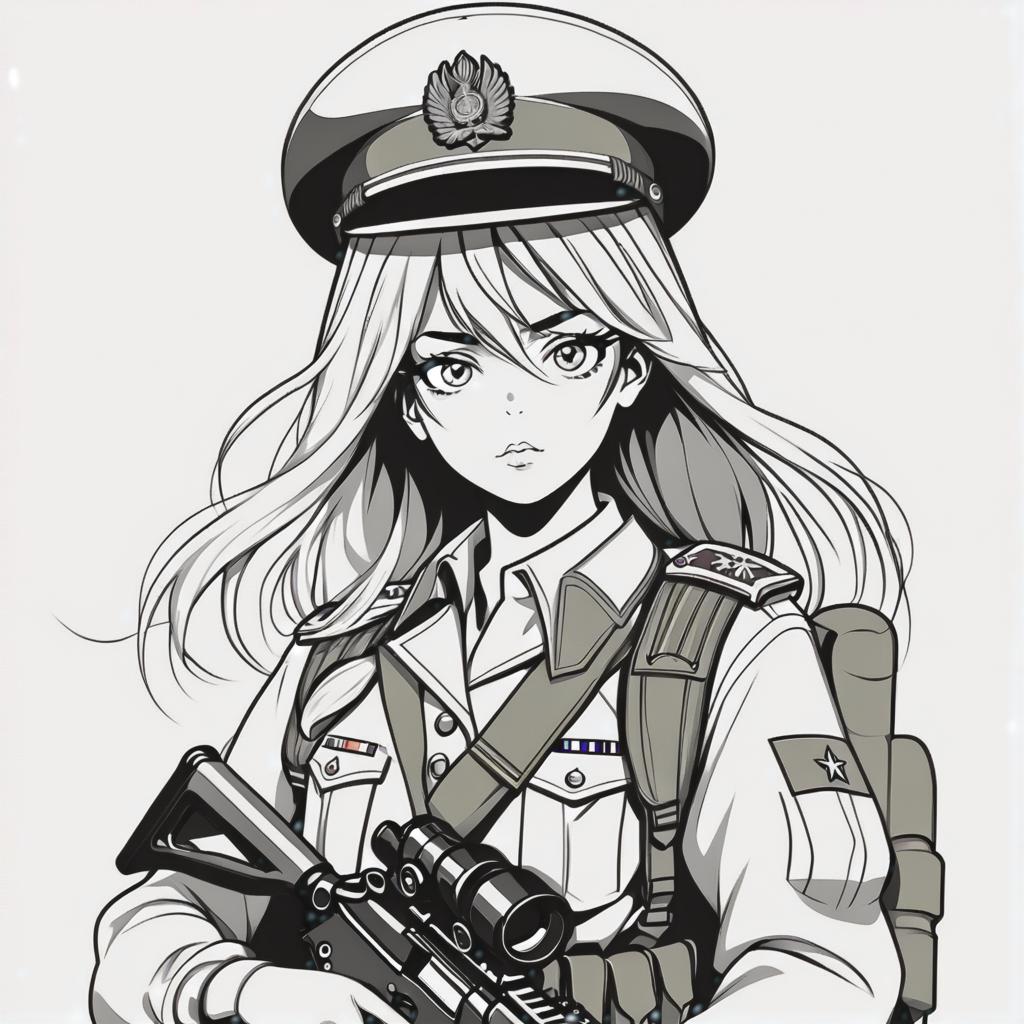  line art drawing russian army girl, same nightmare. anime style . professional, sleek, modern, minimalist, graphic, line art, vector graphics