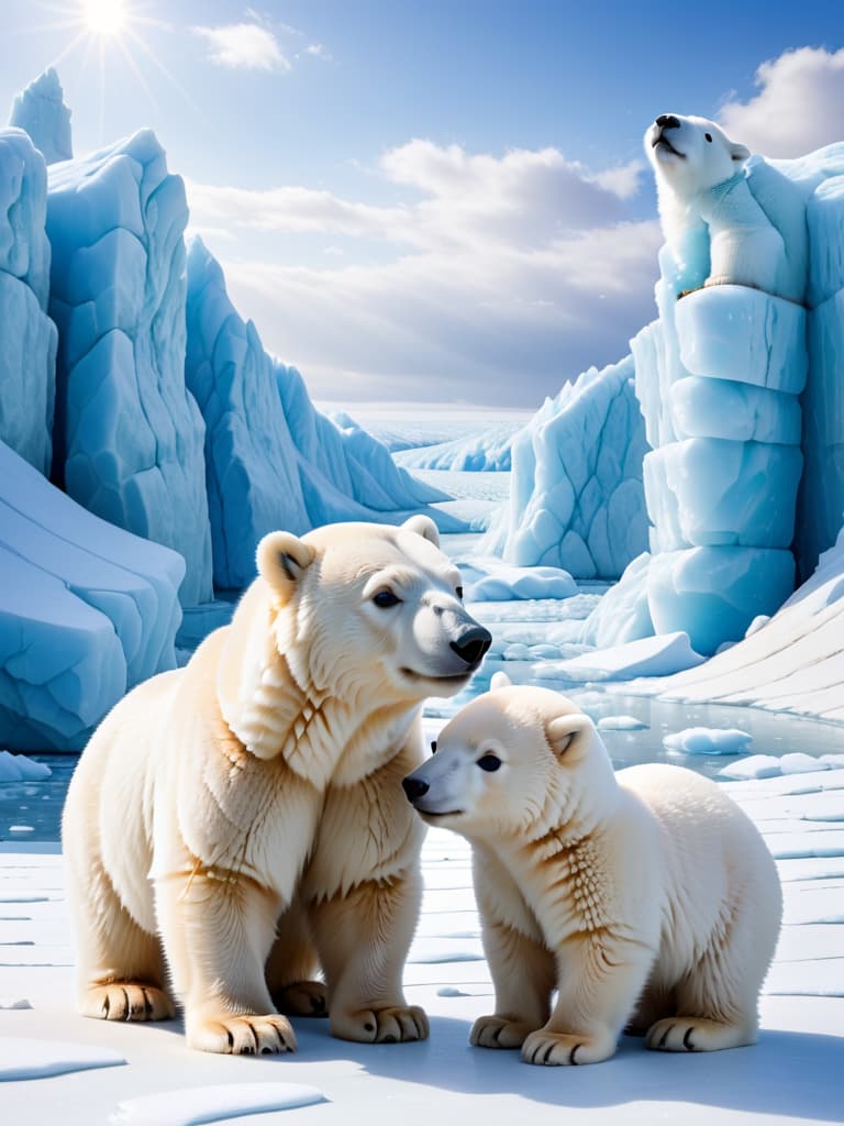  little polar bears touch white rabbits with their noses to comfort them. the background is a vast world of ice and ice