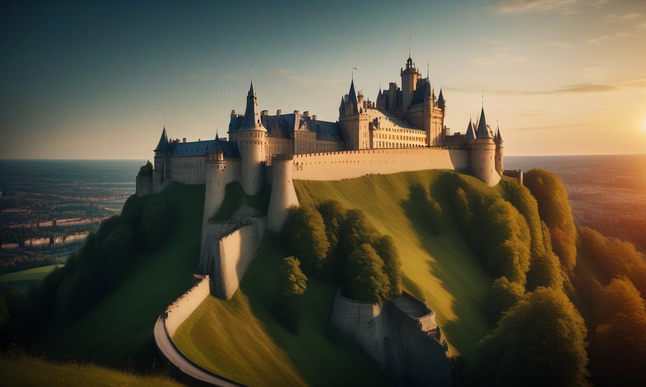  cinematic film still magnificent majestic royal castle on a hill at sunset on a summer day, realistic photo . shallow depth of field, vignette, highly detailed, high budget, bokeh, cinemascope, moody, epic, gorgeous, film grain, grainy