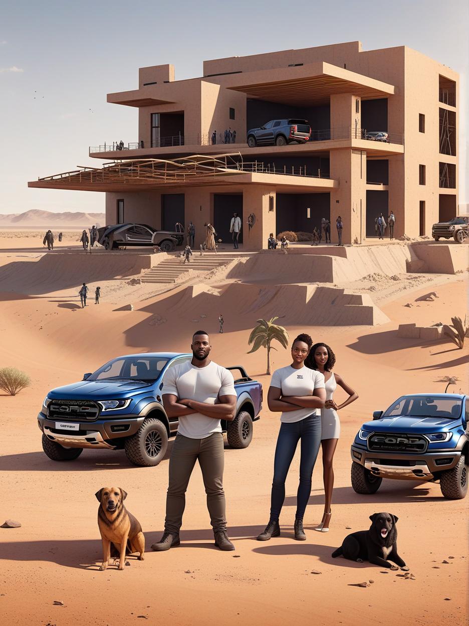  minimalism, create a scene featuring a black entrepreneur standing confidently with their wife and 3 kids, the oldest is a daugher. in the background, show a modern 4 bedroom flat house and a 5 storey apartment under construction. nearby, depict a large scale farm with crops and animals. parked in front is a double cabin ford ranger raptor. the family is happy and relaxed, enjoying the peaceful surroundings of the home and farm. the main object to include is: 1. a double cabin ford ranger raptor 2. 4 bedroom flat house 3. 5 storey apartment 4. a large scale farm 5. the black entrepreneur with family, abstract, simple geometic shapes, hard edges, sleek contours, minimalism