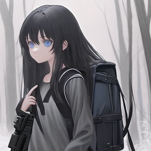  Girl in the woods with black, long hair, blue eyes, a backpack and a gun