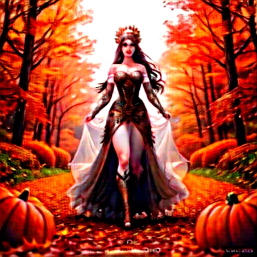  beautiful fall fairy, white eyes, long flowing hair, falling leaves, pumpkins hyperrealistic, full body, detailed clothing, highly detailed, cinematic lighting, stunningly beautiful, intricate, sharp focus, f/1. 8, 85mm, (centered image composition), (professionally color graded), ((bright soft diffused light)), volumetric fog, trending on instagram, trending on tumblr, HDR 4K, 8K