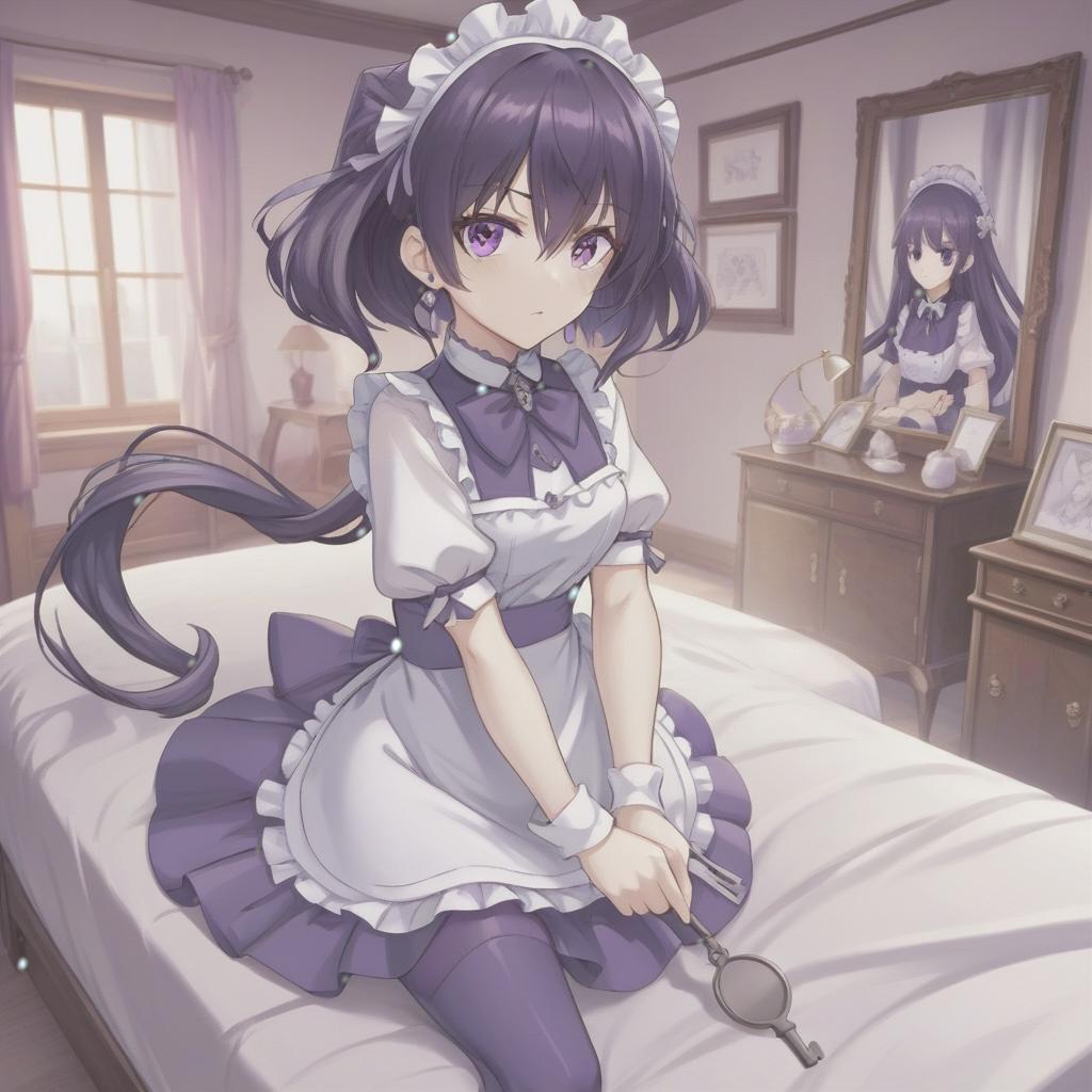  anime artwork , 20 year, dark purple hair, hair folded into a bundle, purple eyes, open maid's outfit, cutout on the , small silver earrings, bedroom . anime style, key visual, vint, studio anime, highly detailed