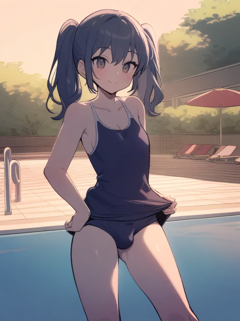  women's elementary students (male), twin tails, cute smiles, rich s, low stature, dark blue swimwear, old swimwear, , simple, , (bulge), male (bulging), front, whole body, pool side,