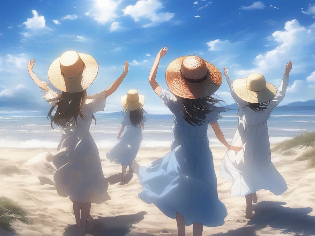  girls, straw hats, white dresses, raising hands, beach, sun