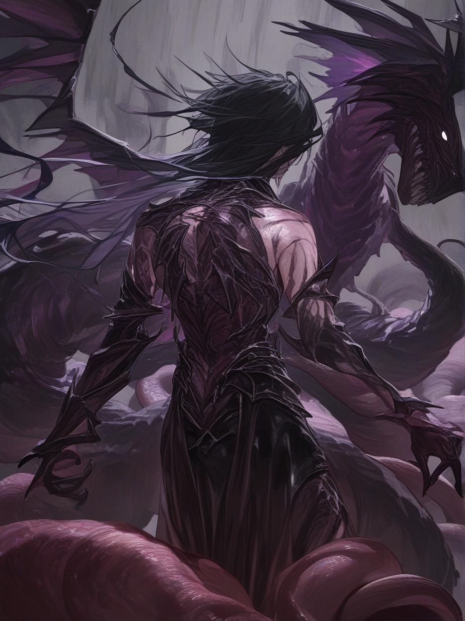  an anime photo of a sorceress wearing a mixture of matte black metal with armor of iridescent synthetic cloths. the woman transformed into a monstrous black dragon, merging with her armor, creating a terrifying, toothy, eyeless smile with several red rune marks on her black body, tentacles on her back, and frightening broken wings . best quality, high resolution