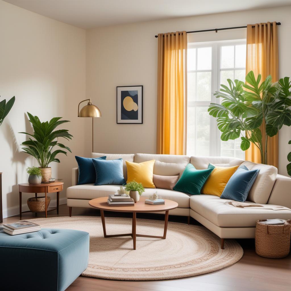  A cozy living room with warm beige walls and natural sunlight streaming through large windows with light, translucent curtains. The room features a comfortable beige sofa with colorful throw pillows in shades of blue, green, and yellow. A dark brown leather recliner is placed adjacent to the couch. In front of the sofa, there is a wooden coffee table with magazines and a small decorative plant. A stylish floor lamp with a soft white lampshade stands beside the sofa. Opposite the couch, a flat-screen TV is mounted on the wall with a sleek TV stand below, holding a few books and decorative items. The floor is covered with a plush, cream-colored area rug. Potted plants are strategically placed around the room, adding a touch of greenery. In  hyperrealistic, full body, detailed clothing, highly detailed, cinematic lighting, stunningly beautiful, intricate, sharp focus, f/1. 8, 85mm, (centered image composition), (professionally color graded), ((bright soft diffused light)), volumetric fog, trending on instagram, trending on tumblr, HDR 4K, 8K