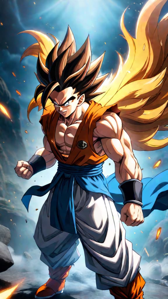  anime art: gogeta, the fusion dance warrior, exuding immense power with a time limit. hyperrealistic, full body, detailed clothing, highly detailed, cinematic lighting, stunningly beautiful, intricate, sharp focus, f/1. 8, 85mm, (centered image composition), (professionally color graded), ((bright soft diffused light)), volumetric fog, trending on instagram, trending on tumblr, HDR 4K, 8K