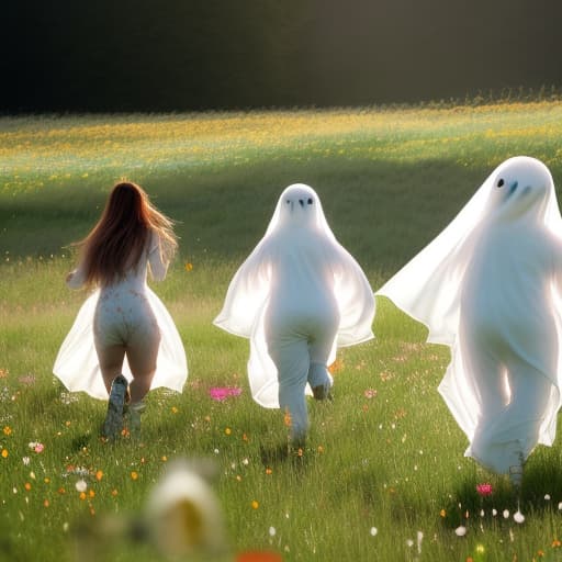  Ghosties running thru a meadow full of wildflowers