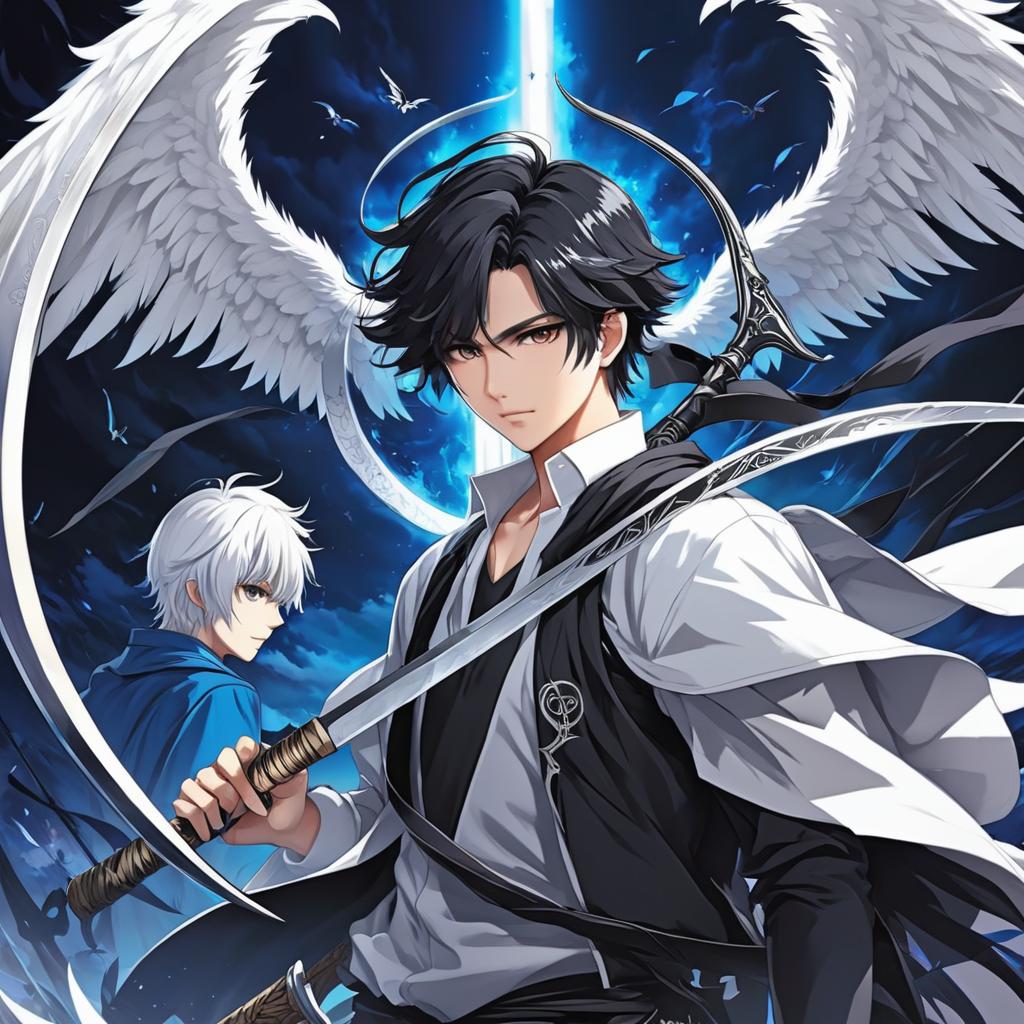  young man with black and white hair and a scythe and a demon and angel wing coming out of his back, anime artwork, anime style, key visual, vibrant, studio anime, highly detailed